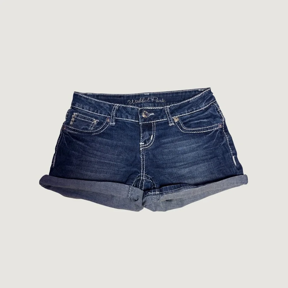 Y2K Wishful Park Denim Shorts Dark Wash Grunge Embroidered Cross Rhinestone #16